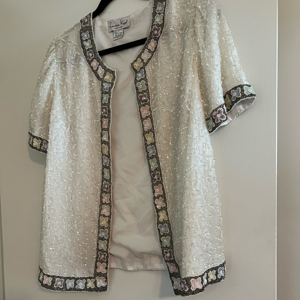 Laurence Kazar White Beaded Jacket with Multicolor Trim